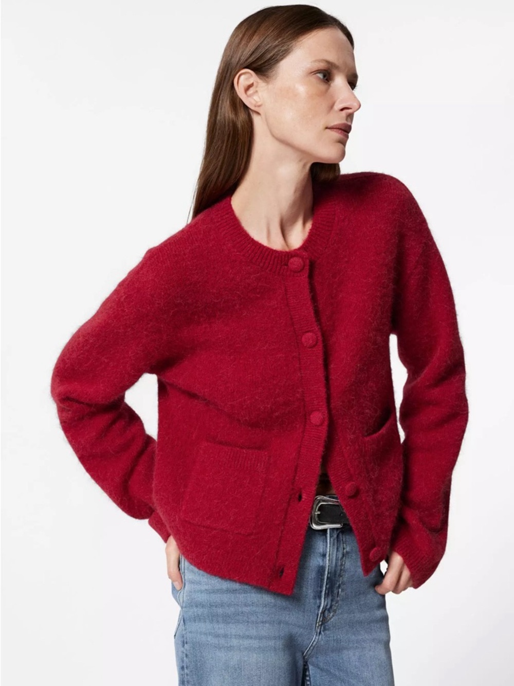 & Other Stories Red Fuzzy Button-Front Cardigan